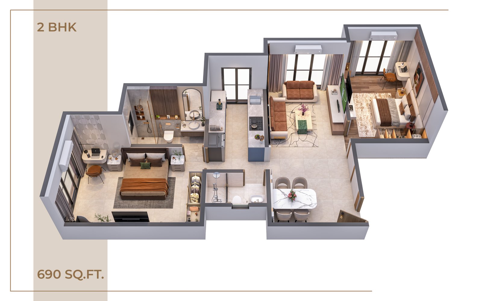 2 BHK 690 Sq. Ft. - 3D View Unit Plan